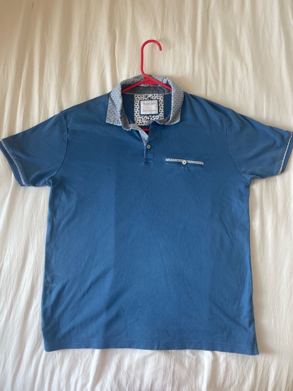 Cactus Man Blue Short-Sleeve Polo with Patterned Contrast Collar